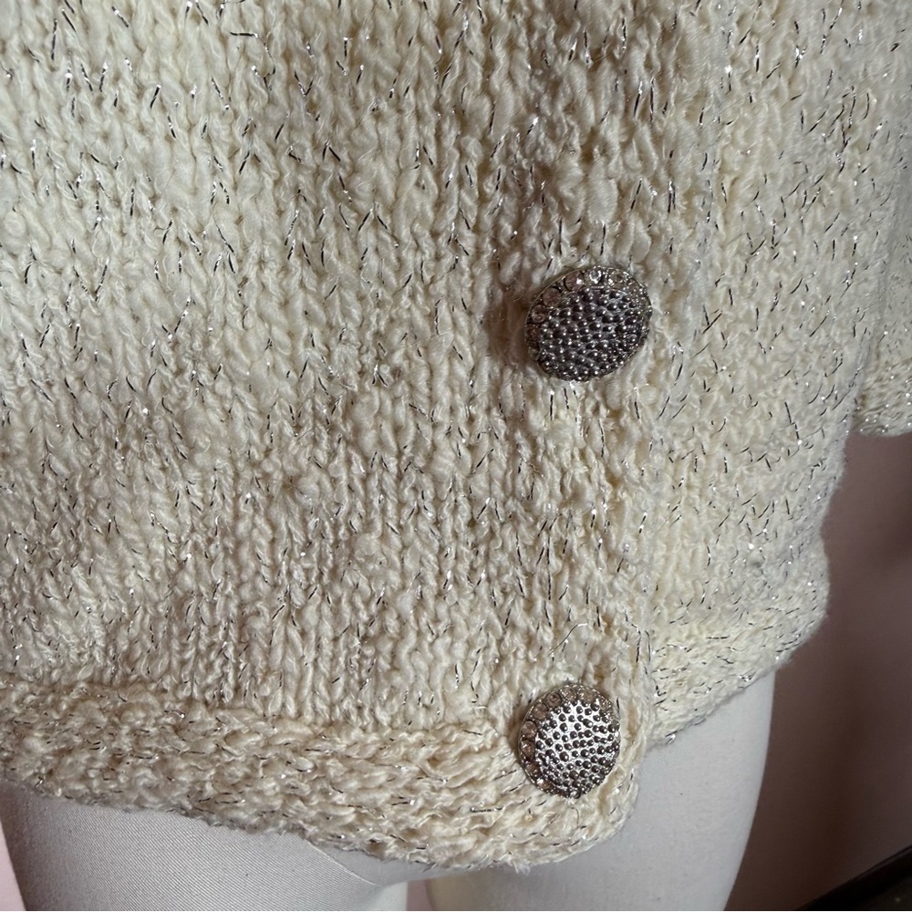 Vintage 1940 50 Retro Deco Cream wool Silver Metallic Cardigan sweater Jacket - Picture 16 of 17